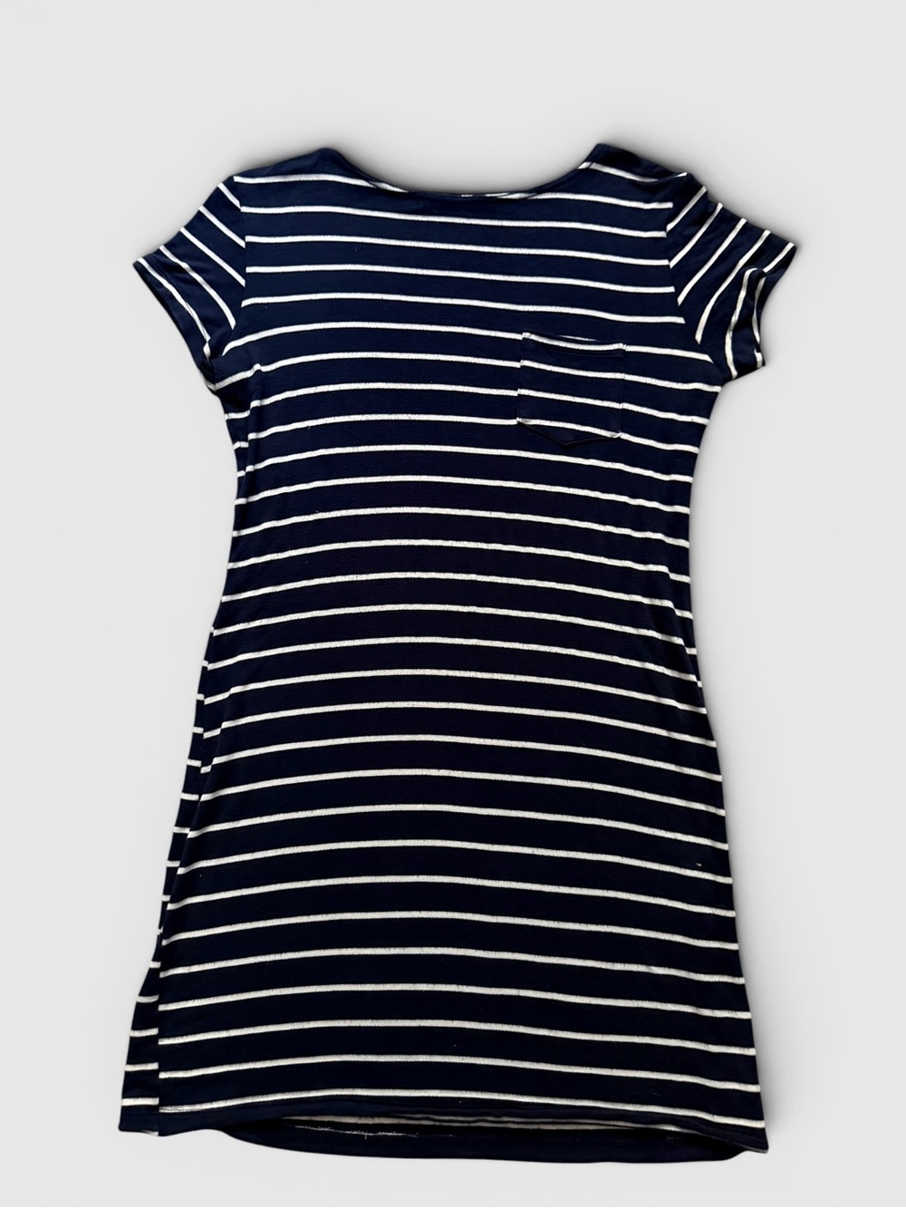 Saint Grace Navy White Striped Knit T-Shirt Dress Pocket Button Shoulder Large - Picture 2 of 7